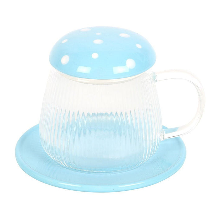 Blue Glass Mushroom Mug And Saucer - Something Different Gift Shop