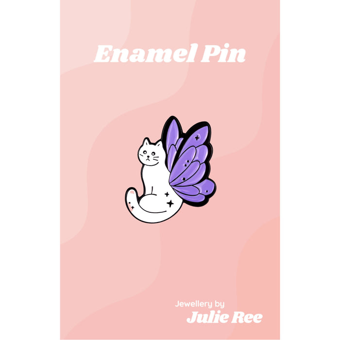 Julie Ree Enamel Pin - White Butterfly Cat - Something Different Gift Shop